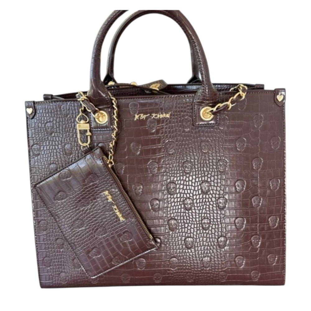 🤎▪️Betsey Johnson▪️xokiara Chocolate Brown Skull Embossed Tote With Wristlet - Picture 1 of 3